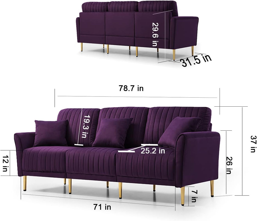 Modern Velvet Sectional Sofa Set with Metal Legs Purple k7m