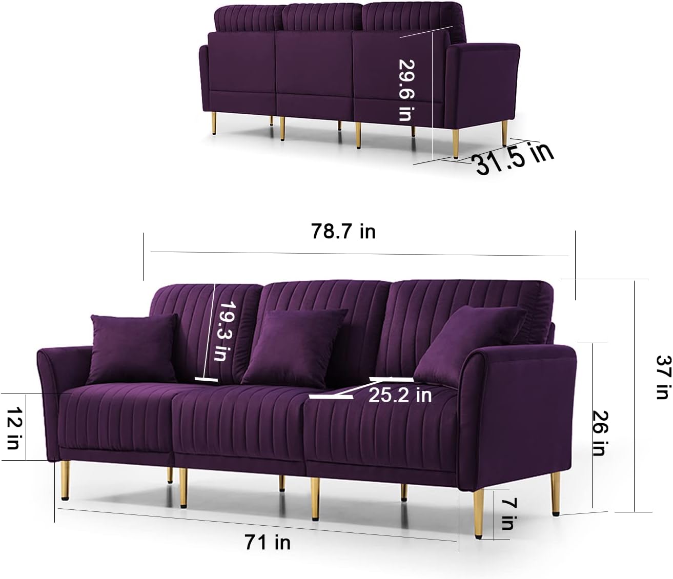 Modern Velvet Sectional Sofa Set with Metal Legs Purple k7m
