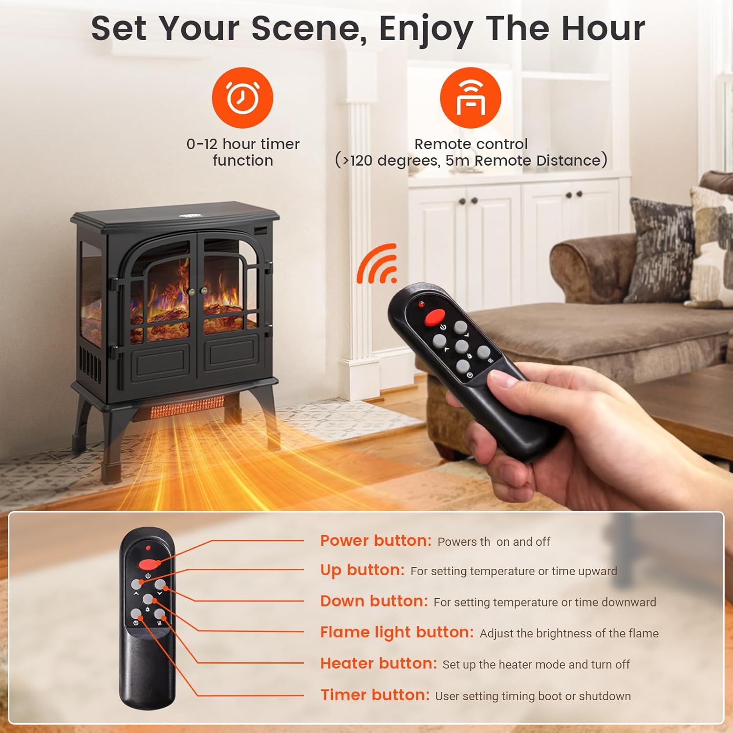 Electric Fireplace Heater with Remote Control, 3D Flame, Timer k7p
