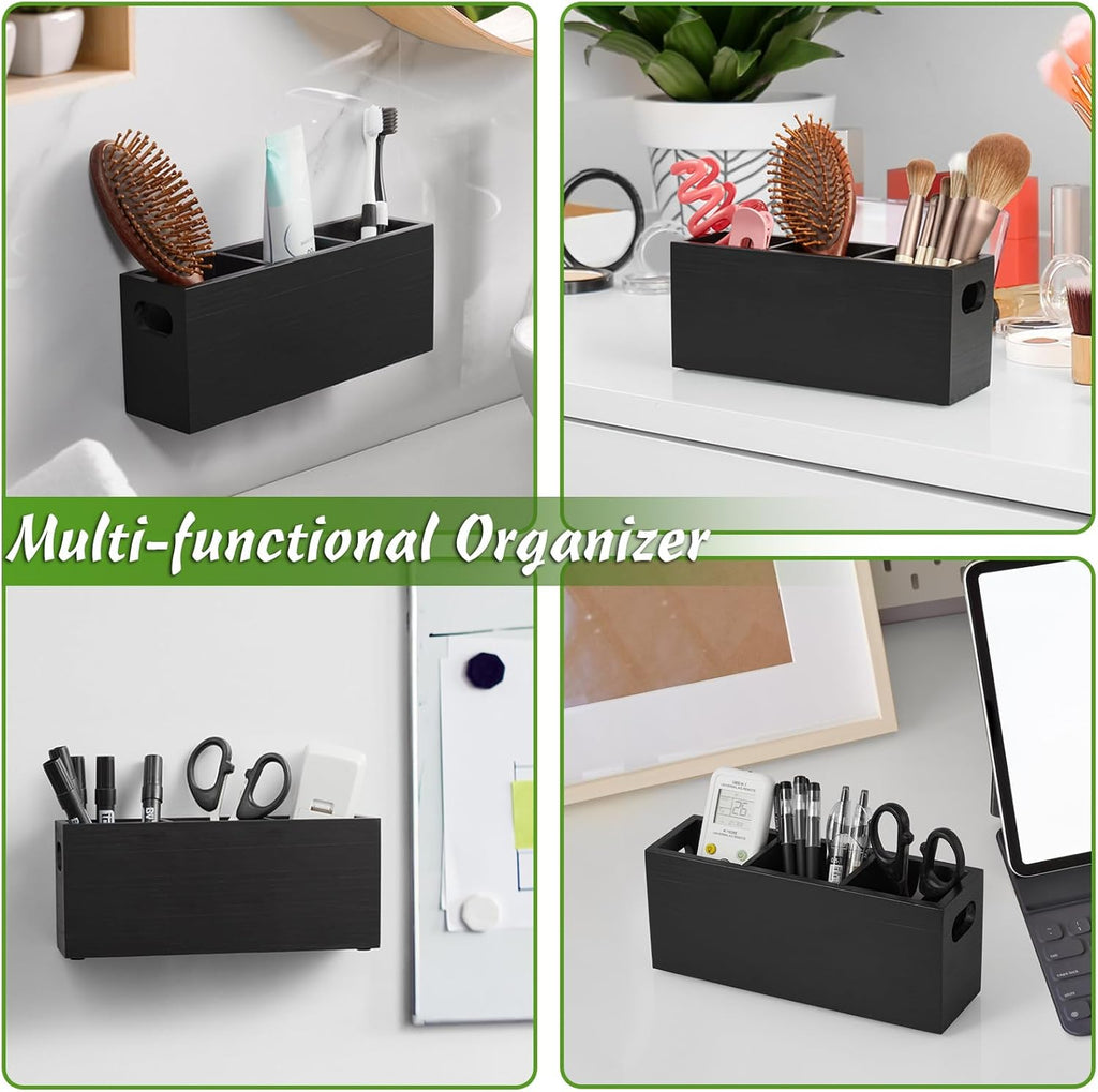 TV Remote Holder Wall Mount 3 Slots Wooden Black a7