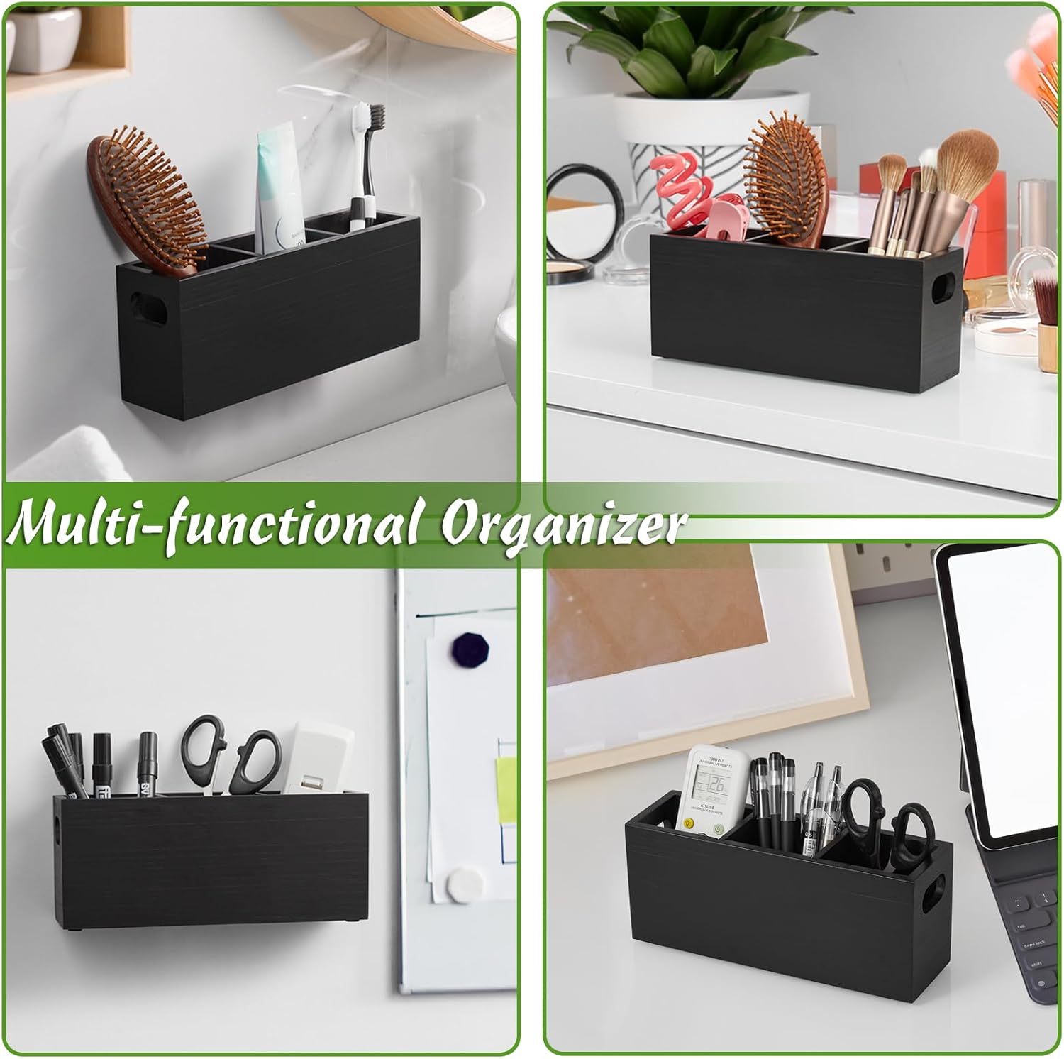 TV Remote Holder Wall Mount 3 Slots Wooden Black a7