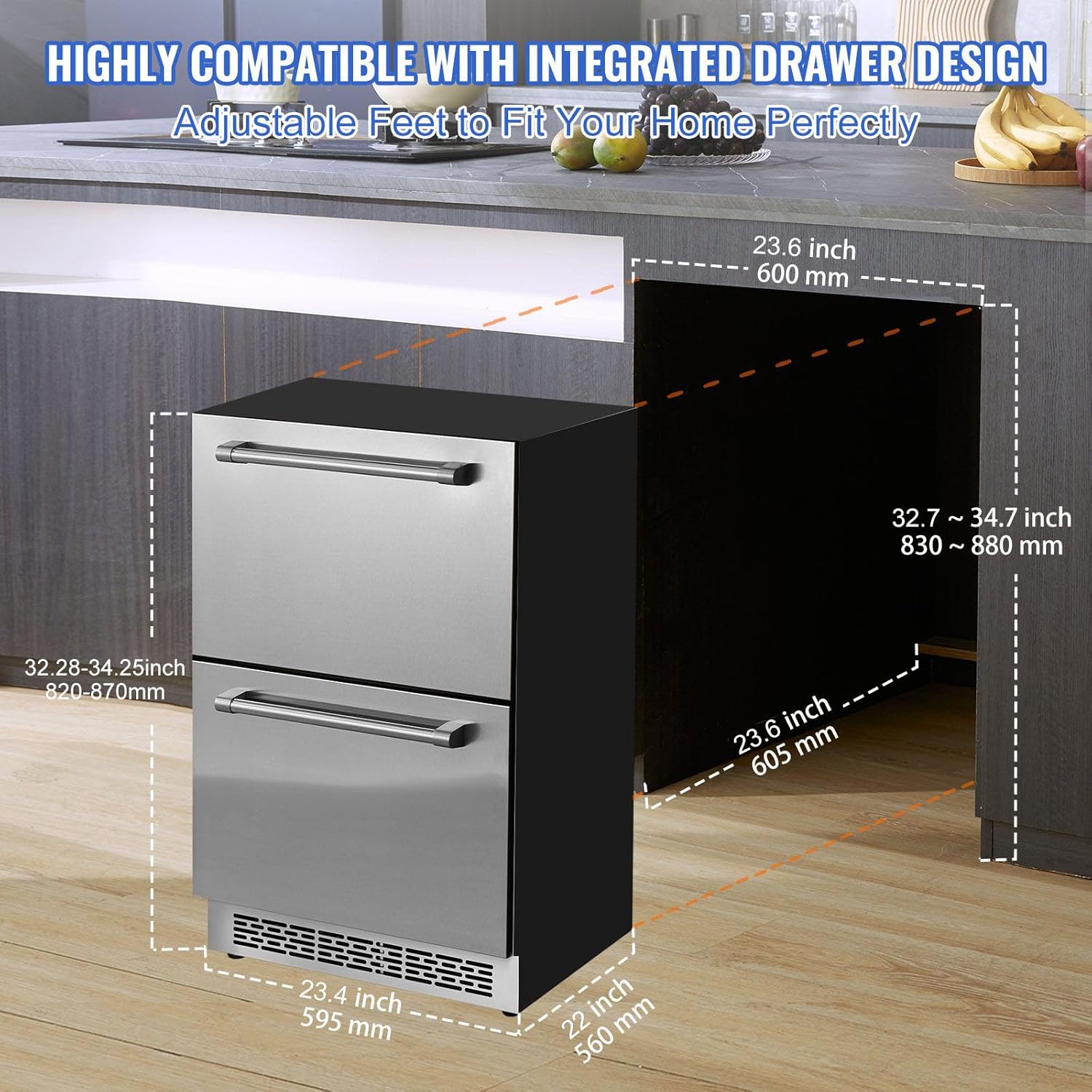 24 inch Undercounter Refrigerator 2 Drawer Silver k7m