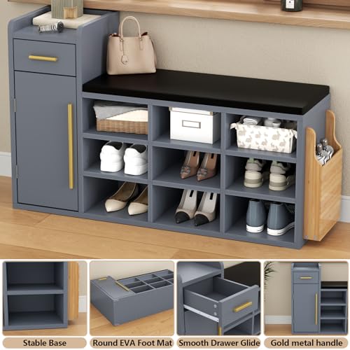 Shoe Storage Bench with 9 Cubbies and Cushion, White a7