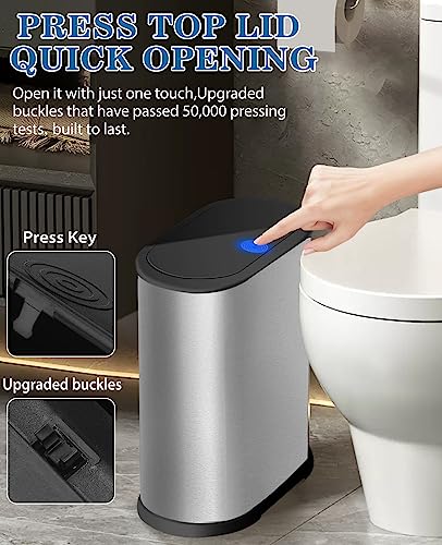 Bathroom Trash Can with Press Top Lid, Stainless Steel Narrow Bin k7m