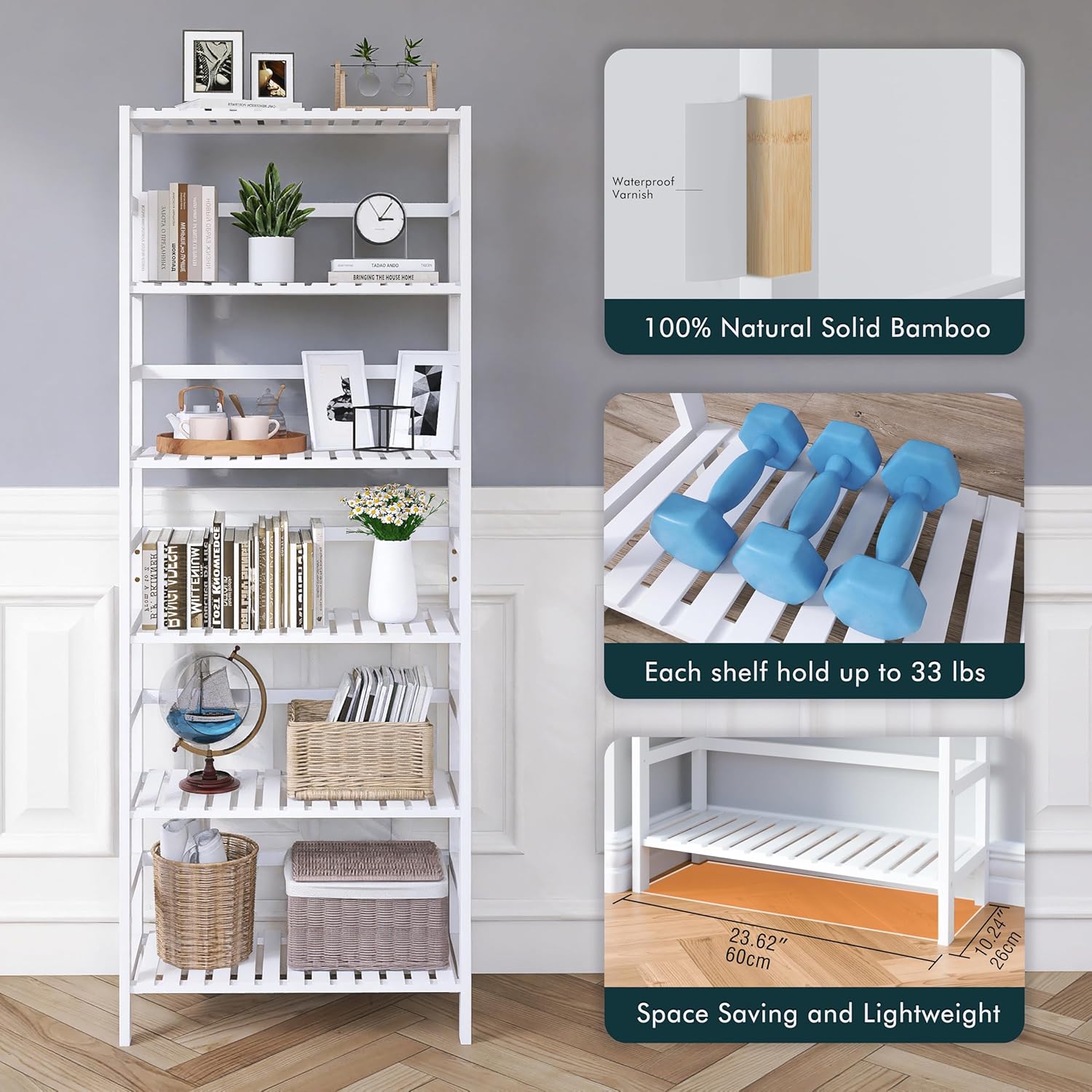 Bamboo Bookshelf Cabinet with Adjustable Shelves and Hooks q7m