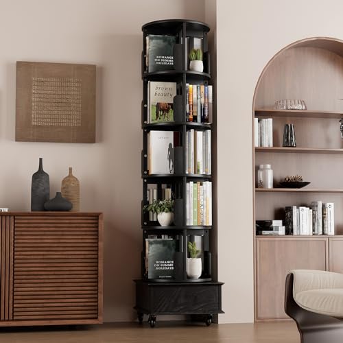 Solid Wood Rotating Bookshelf 360 Display with Drawer 5-Tier Mobile Tower k7p