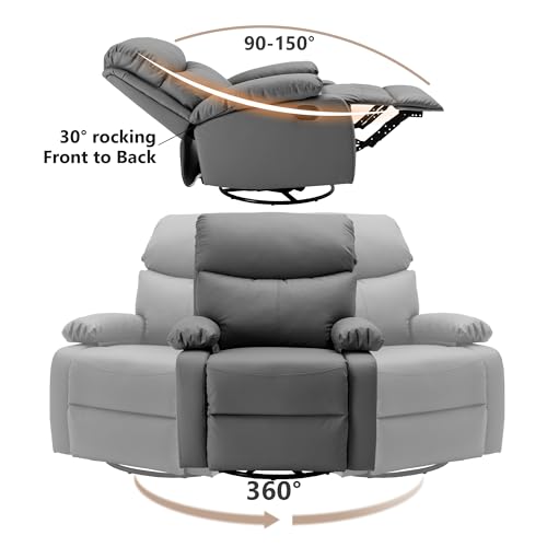 Swivel Rocker Recliner Chair for Adults, Genuine Leather, Dark Grey a7