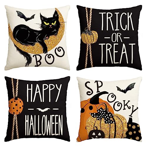 AVOIN colorlife Happy Halloween Boo Black Cat Trick or Treat Throw Pillow Covers, 16 x 16 Inch Spooky Pumpkin Bat Cushion Case for Sofa Couch Set of 4