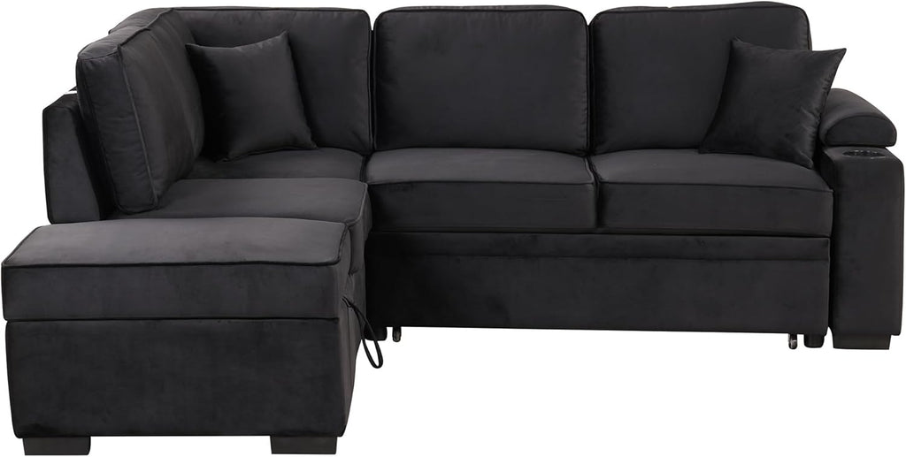 87.4'' Sleeper Sofa Bed 2 in 1 L Shape Couch with Storage Ottoman Black k7