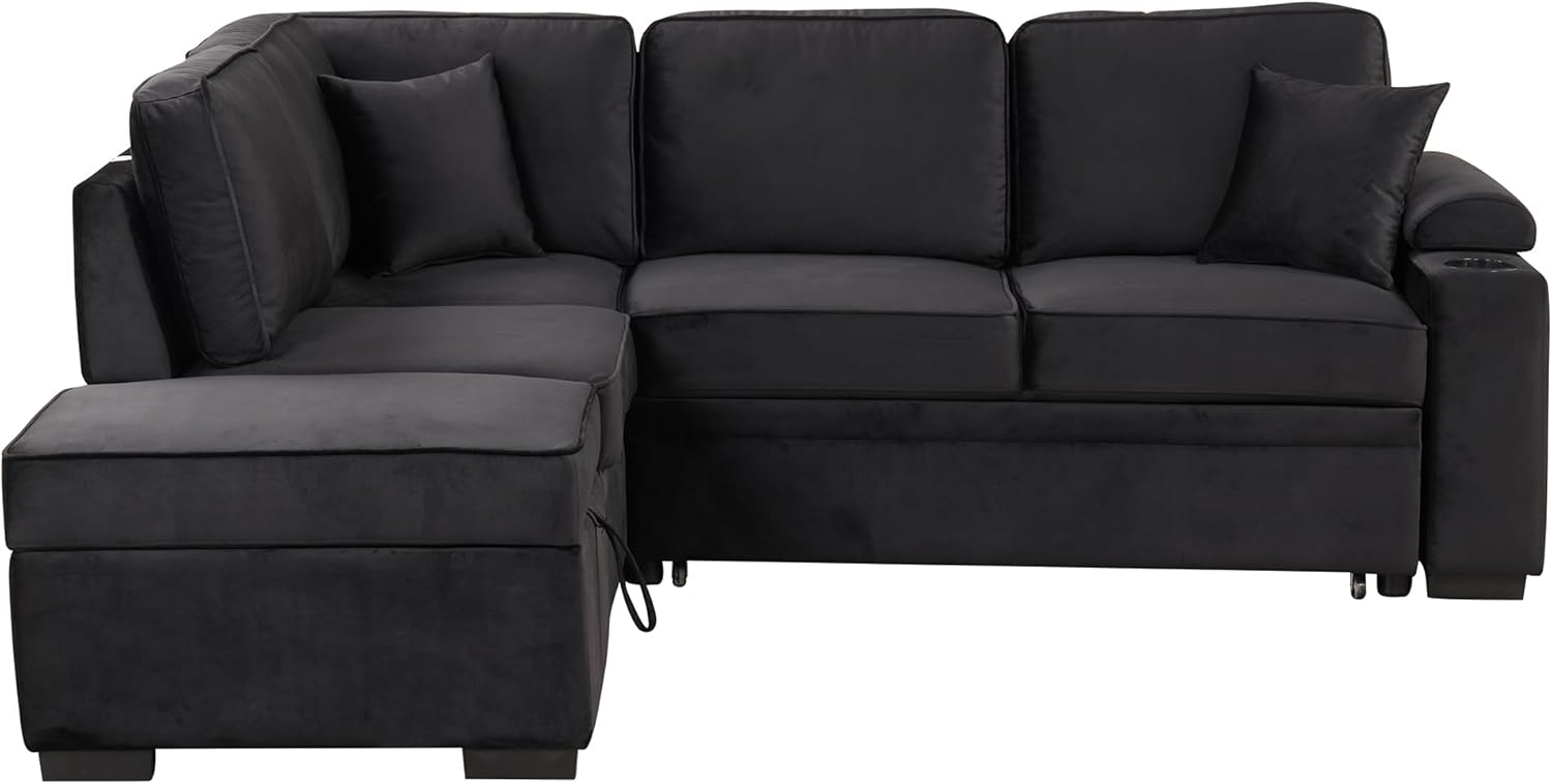 87.4'' Sleeper Sofa Bed 2 in 1 L Shape Couch with Storage Ottoman Black k7