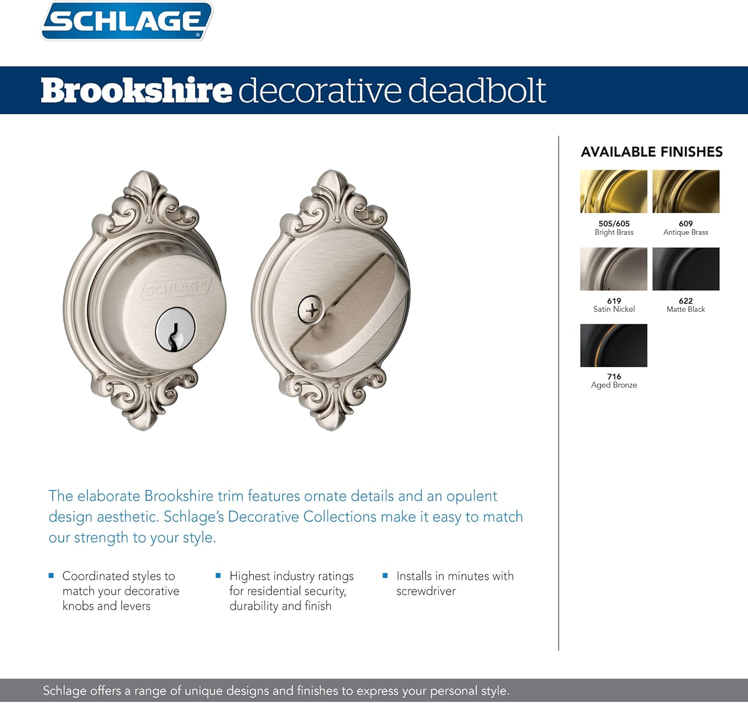 Deadbolt with Brookshire Trim, Keyed 1 Side, Aged Bronze k7m