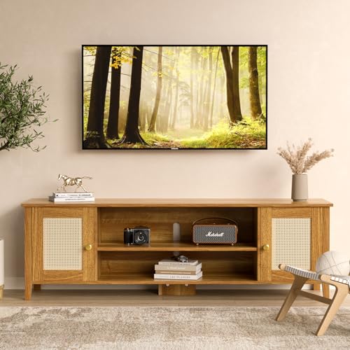 Rattan TV Stand for 65 70 inch TV Entertainment Center with Storage a7