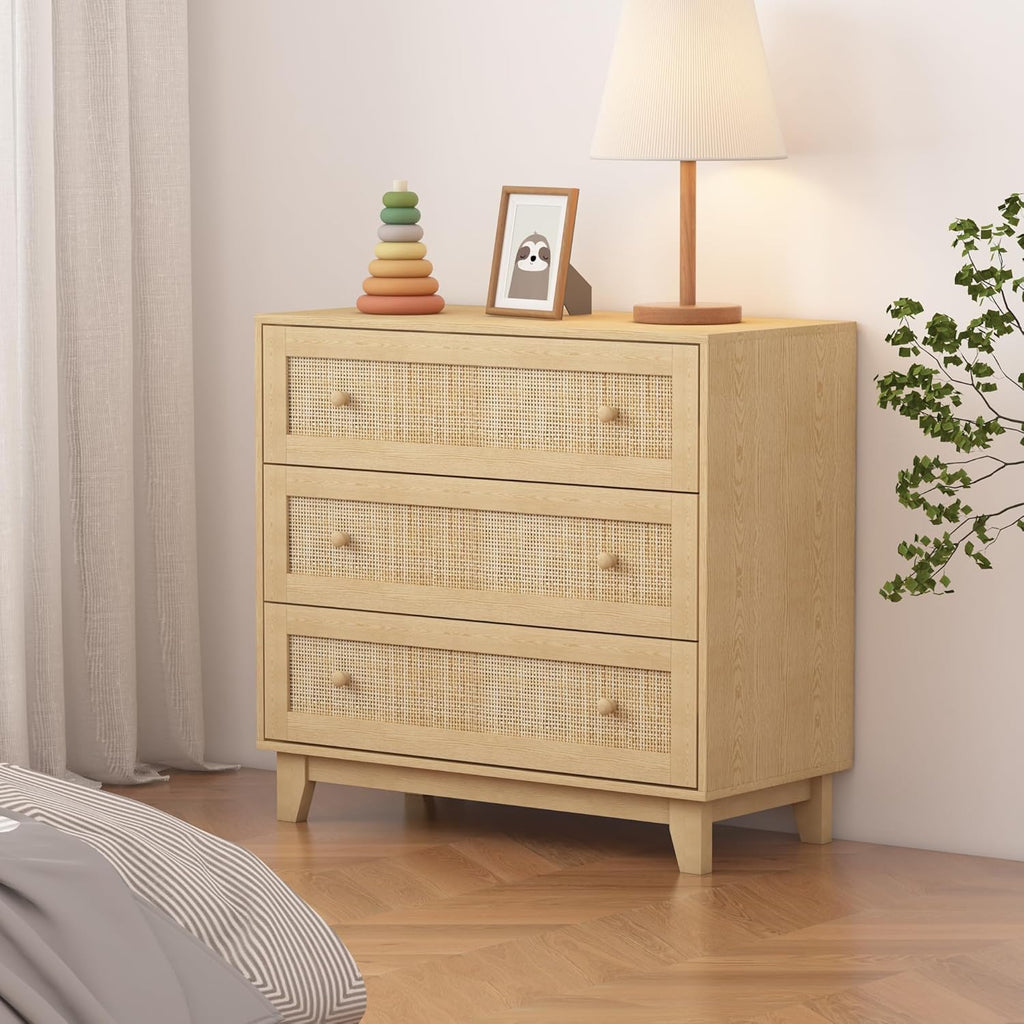 3 Drawer Dresser for Bedroom, Natural Rattan Wood Storage Organizer k7p
