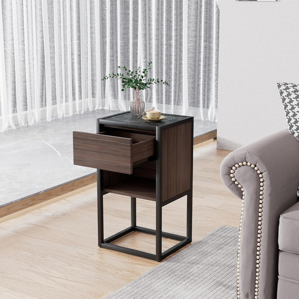 Farmhouse Side Table with Storage Drawer, Solid Wood Base k7m