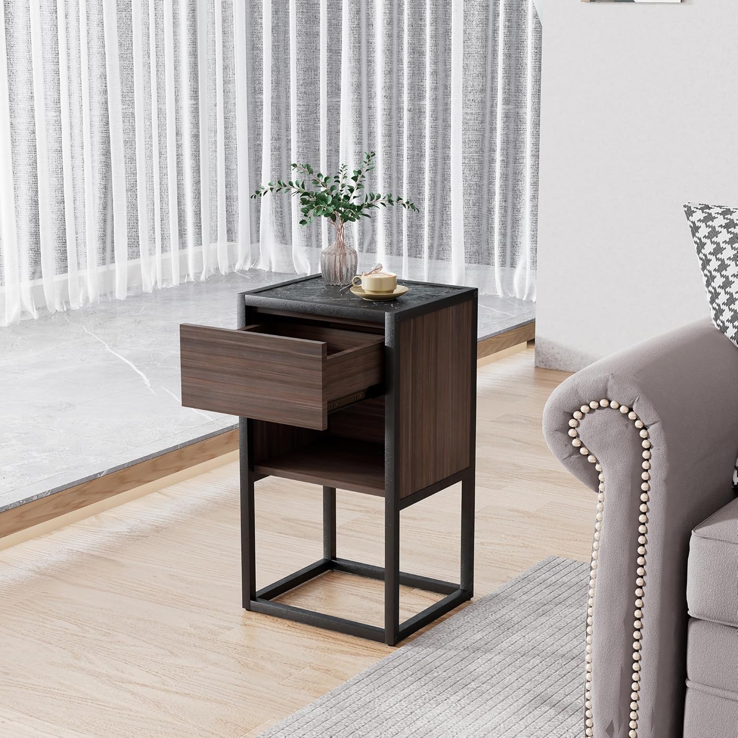Farmhouse Side Table with Storage Drawer, Solid Wood Base k7m