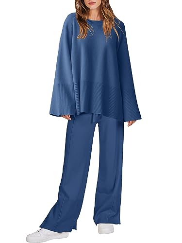 ANRABESS Womens 2 Piece Outfits Oversized Knit Sweater Set Wide Leg Pant Cozy Lounge Matching Pajama Sets 2024 Trendy Clothes