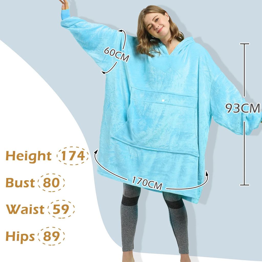 Hooded Blanket Sweatshirt Soft Fleece Pullover Blue k7