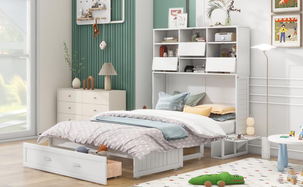 Queen Size Murphy Bed with Bookcase and Drawer White q7