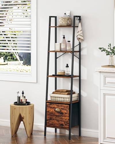 Narrow Bookshelf Bookcase with Drawer and Hooks, 4 Tier Rustic Brown k7