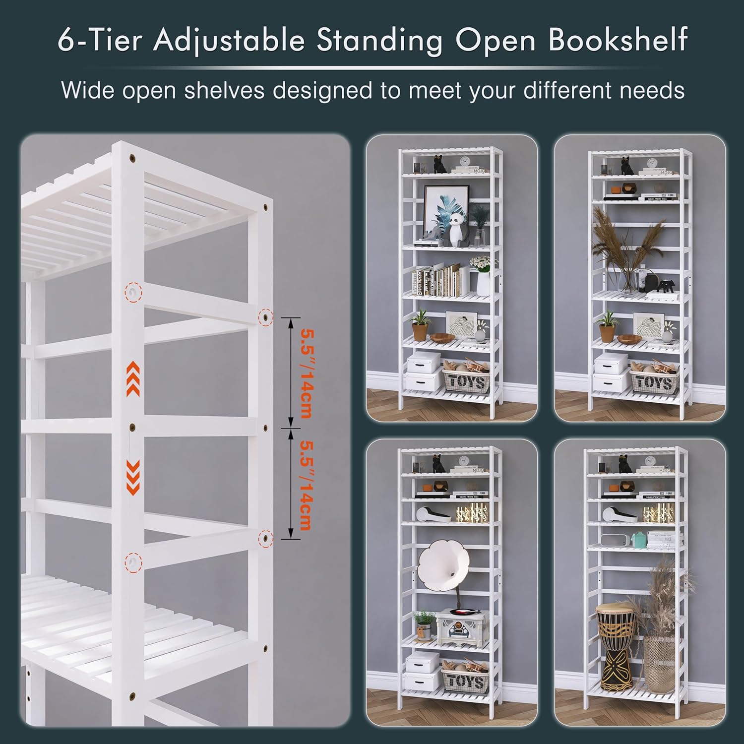 Bamboo Bookshelf Cabinet with Adjustable Shelves and Hooks q7m