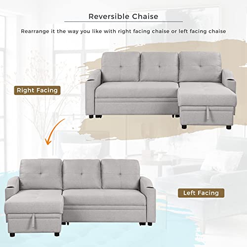Pull Out Sofa Bed Linen Fabric 3 Seater with Storage Chaise a7k