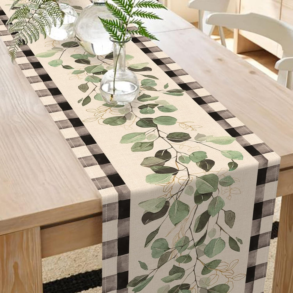 Eucalyptus Leaves Greenery Table Runner, Buffalo Plaid Check Decor 13x90 Inches k7