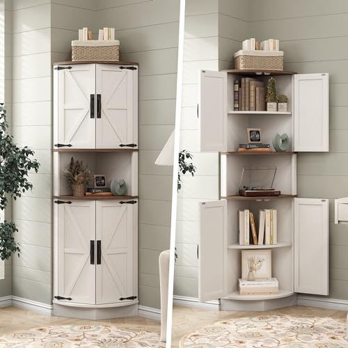 Farmhouse Corner Cabinet with 4 Doors and 5 Shelves, Barn Door Design, Grey k7