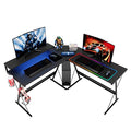 Bestier L Shaped Gaming Desk with LED 55 Inch, Large Monitor Shelf Cup Holder Headset Hook 3 Setup Ways Reversible 72 Inch Long Desk for 2 Persons, Carbon Fiber Black