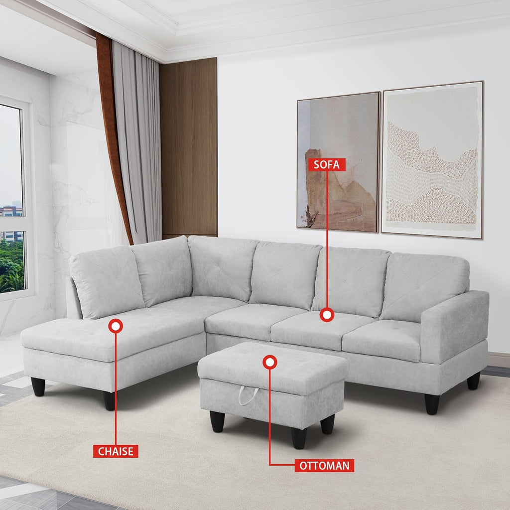 L-Shaped Corner Sofa with Left Chaise & Storage Ottoman k7m