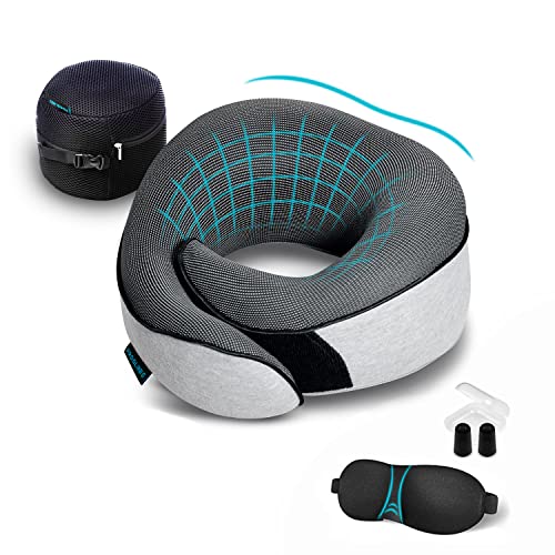 Orthopedic Neck Pillow Travel Neck Pillows for Airplanes, Memory Foam Kit, Updated Resting Material, Airplane Travel Set with 3D Contoured Eye Masks, Earplugs, and Luxury Mesh Bag (Blue)
