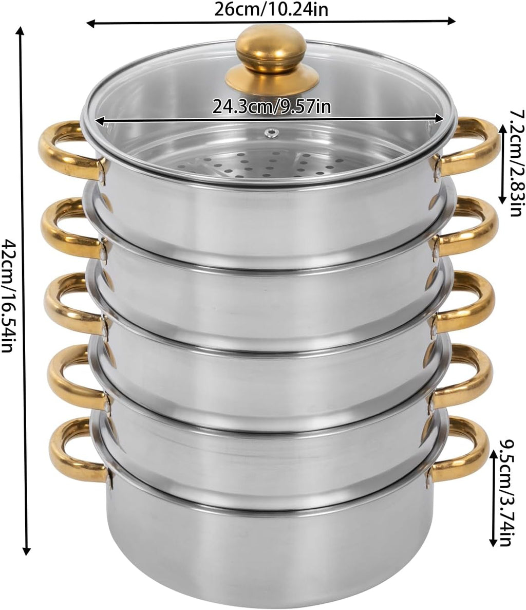 Steamer Pot 5 Tier 26cm Stainless Steel with Glass Lid a7