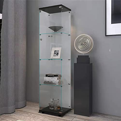 Glass Display 4-Shelf,Curio Cabinets with Door,Floor Standing Bookshelf,Easy Assembly,for Bedroom Living Room Office,Black (17.00" L x 14.70" W x 64.00" H)