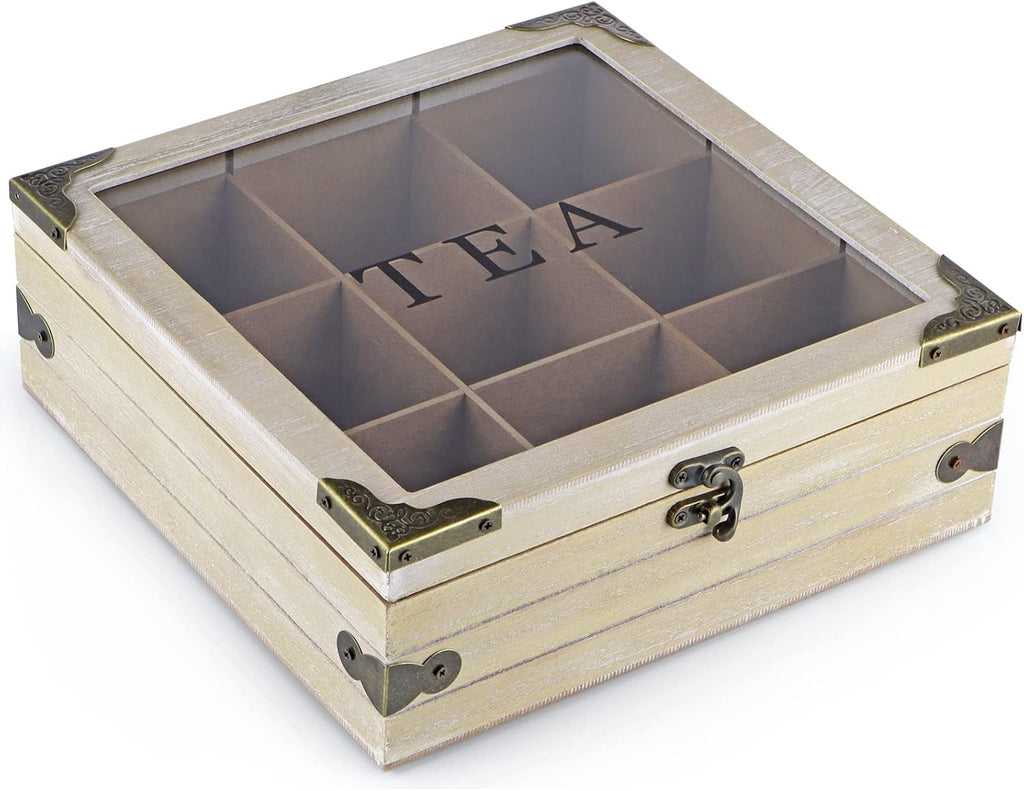 Tea Box Organizer with Glass Lid, 9 Compartments a7