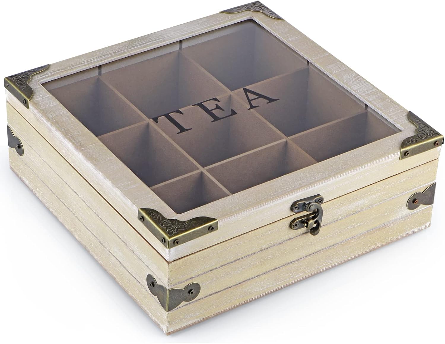 Tea Box Organizer with Glass Lid, 9 Compartments a7