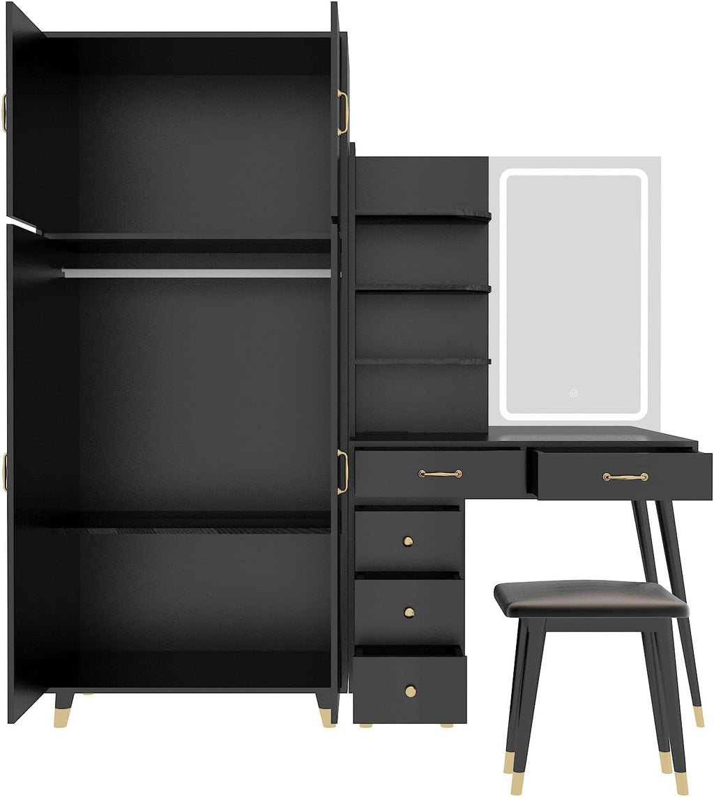 Black Makeup Vanity Desk with 4 Door Bedroom Closet, Lights Mirror, Black Vanity Table and Stool Set, Dressing Table with Armoire Wardrobe Set, Vanity Desk and Tall Storge Cabinet 170 x 50 x 185CM