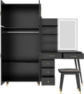 Black Makeup Vanity Desk with 4 Door Bedroom Closet, Lights Mirror, Black Vanity Table and Stool Set, Dressing Table with Armoire Wardrobe Set, Vanity Desk and Tall Storge Cabinet 170 x 50 x 185CM