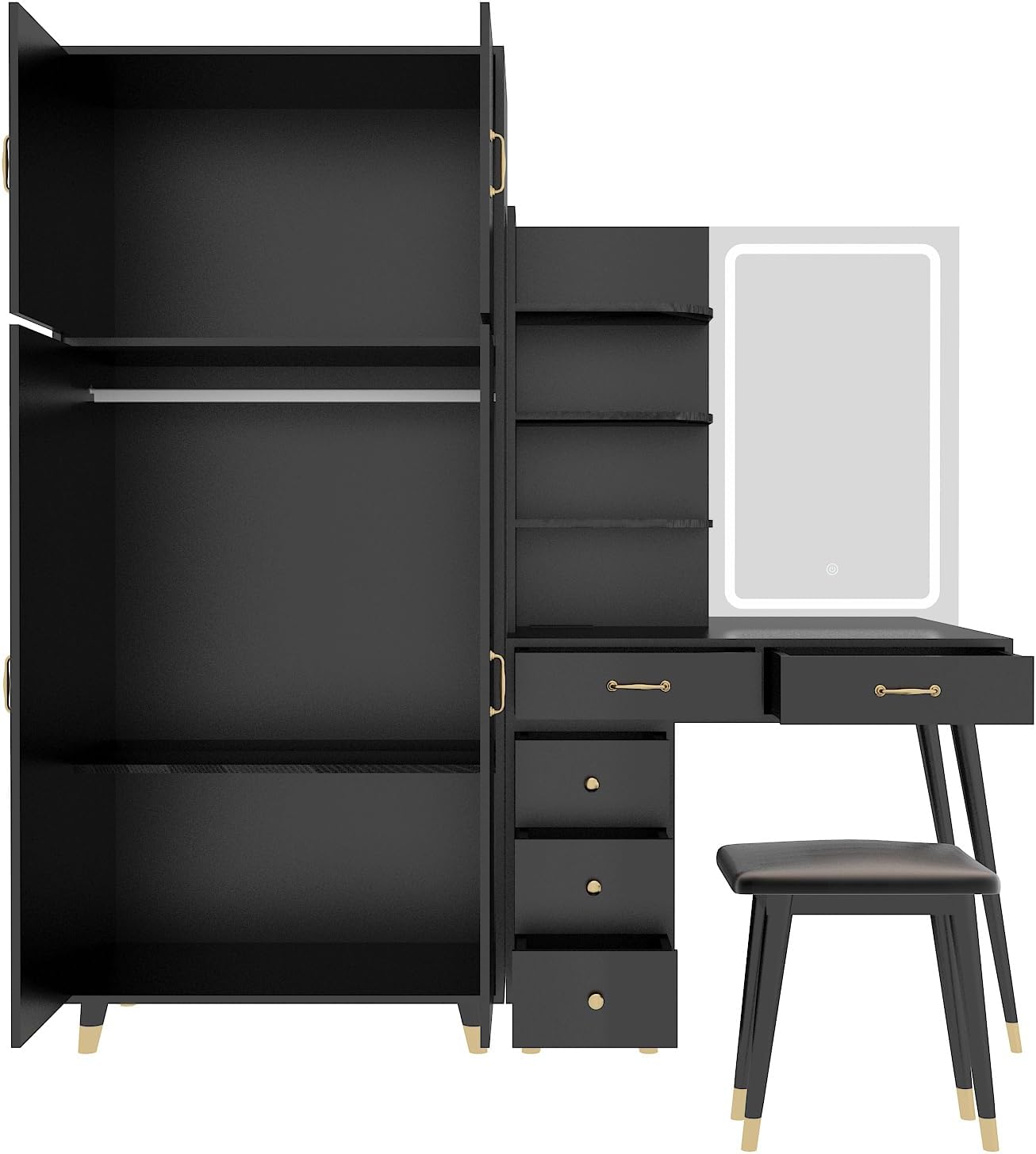 Black Makeup Vanity Desk with 4 Door Bedroom Closet, Lights Mirror, Black Vanity Table and Stool Set, Dressing Table with Armoire Wardrobe Set, Vanity Desk and Tall Storge Cabinet 170 x 50 x 185CM