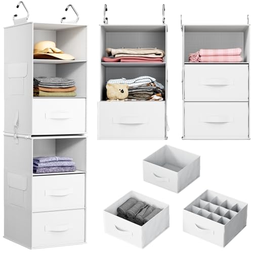 Pipishell 6-Shelf Hanging Closet Organizer, Closet Hanging Shelves with 2 Separable 3-Tier Shelves, Closet Storage Organizer with 3 Removable Drawers for Bedroom, Dorm Room, Camper and Nursery (Black)