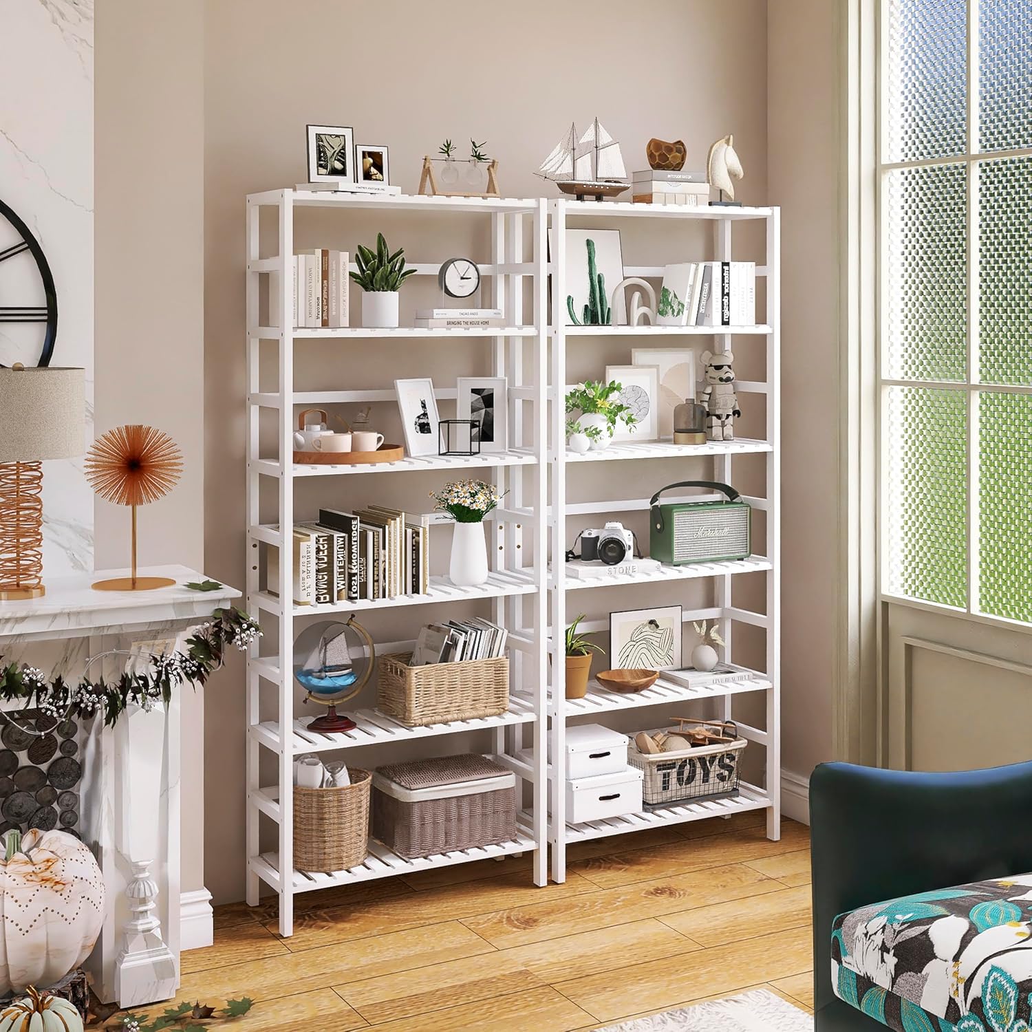 Bamboo Bookshelf Cabinet with Adjustable Shelves and Hooks q7m