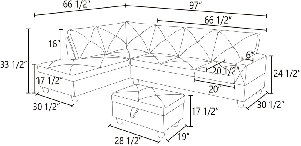 L-Shaped Corner Sofa with Left Chaise & Storage Ottoman k7m