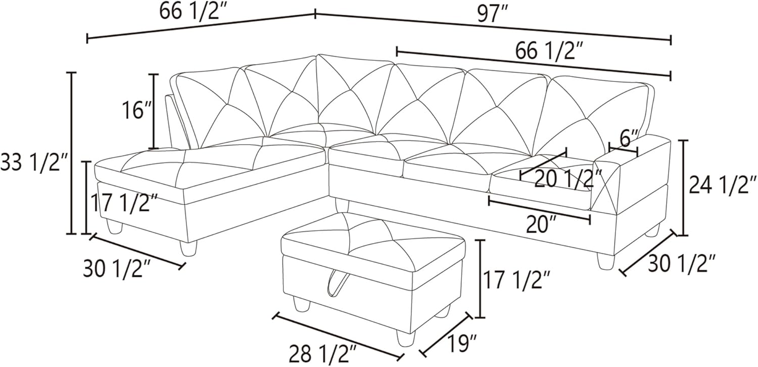 L-Shaped Corner Sofa with Left Chaise & Storage Ottoman k7m