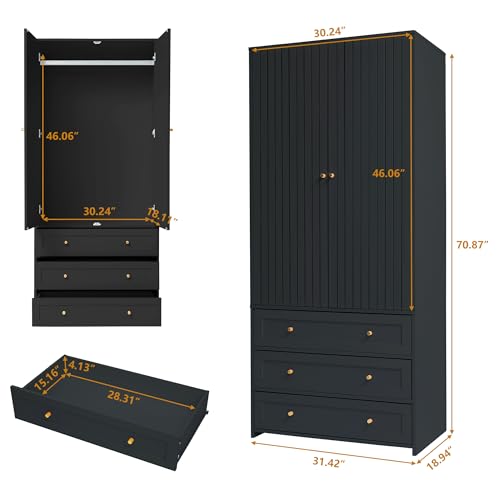 Wooden Wardrobe Closet with 3 Drawers and 2 Doors k7m