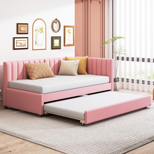 Full Size Upholstered Daybed with Smarter LED and Trundle, Teddy Fleece Sofa Bed with Ergonomic Design Backrest for Kids, Bedroom, Dorm (Beige#Teddy Fleece2, Full)
