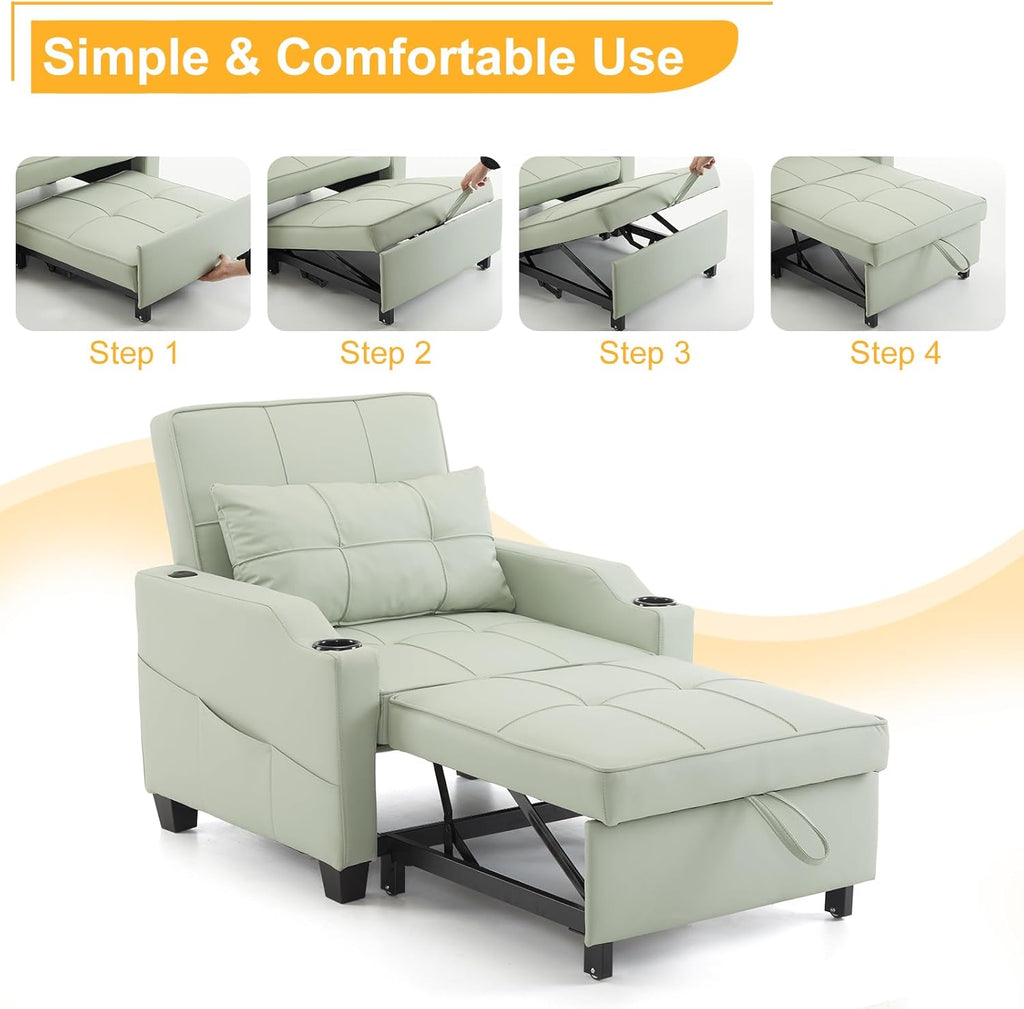 Sleeper Chair 3-in-1 Pull Out Sofa Bed with USB Ports, Mint Green a7