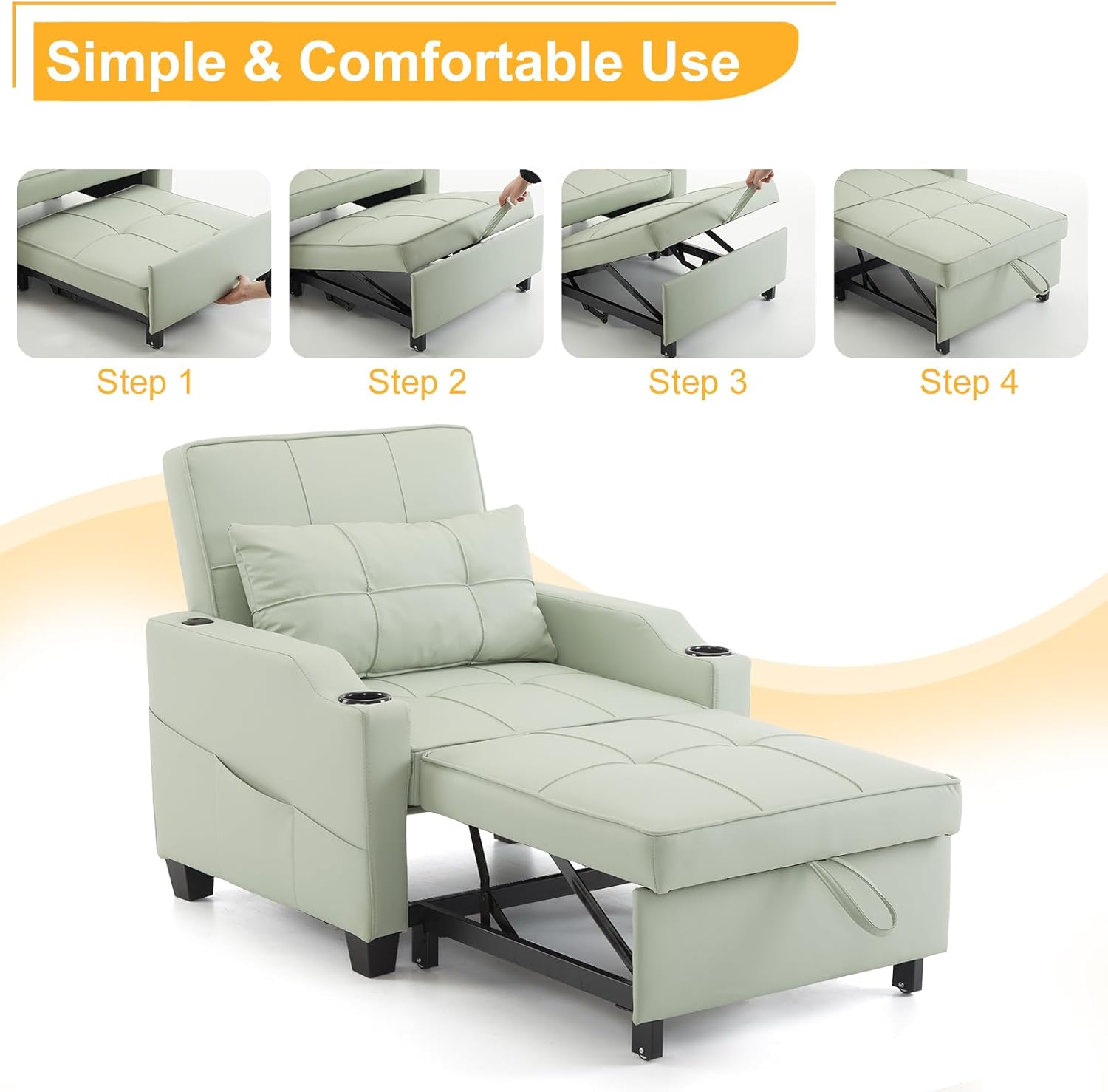 Sleeper Chair 3-in-1 Pull Out Sofa Bed with USB Ports, Mint Green a7