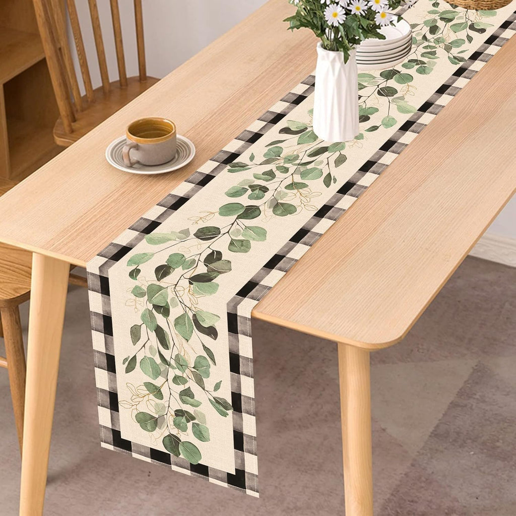 Eucalyptus Leaves Greenery Table Runner, Buffalo Plaid Check Decor 13x90 Inches k7