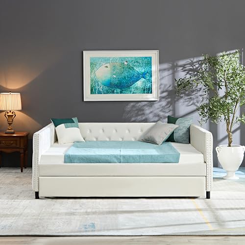 Velvet Tufted Twin Daybed with Trundle Beige k7
