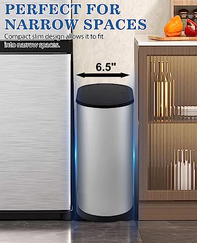 Bathroom Trash Can with Press Top Lid, Stainless Steel Narrow Bin k7m