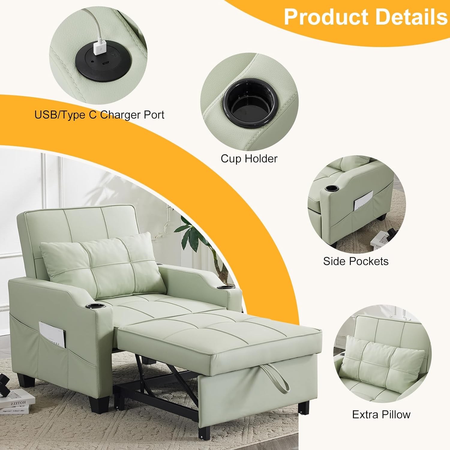 Sleeper Chair 3-in-1 Pull Out Sofa Bed with USB Ports, Mint Green a7
