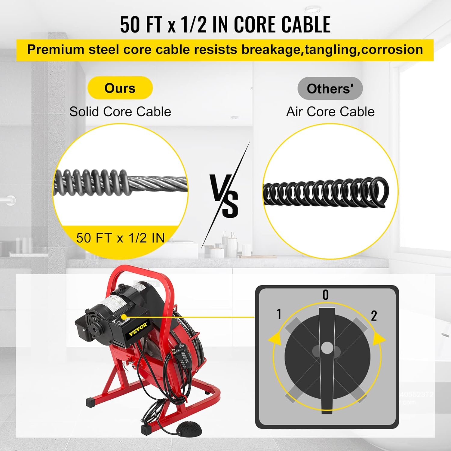 Drain Cleaner Machine 50Ft x 1/2In Portable Electric Auger with 4 Cutters k7m